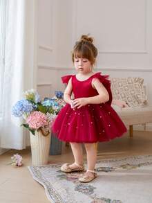 Baby Girls Burgundy Cap Sleeve Bow Beaded Mesh Elegant Party Dress, Princess Dress Suitable For Girls, 1st Birthday, Party, Banquet, Evening Gown, Wedding Flower Girl, Holiday Celebration - Burgundy - View 10