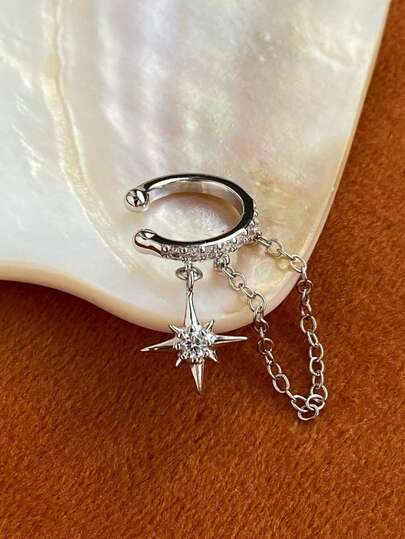 1PC Charm Dainty Golden North Star Ear Cuffs Jewelry Chic Cubic Zirconia Star Chain Ear Cuff, Drop Star Non-Piercing Earrings Jewellery
