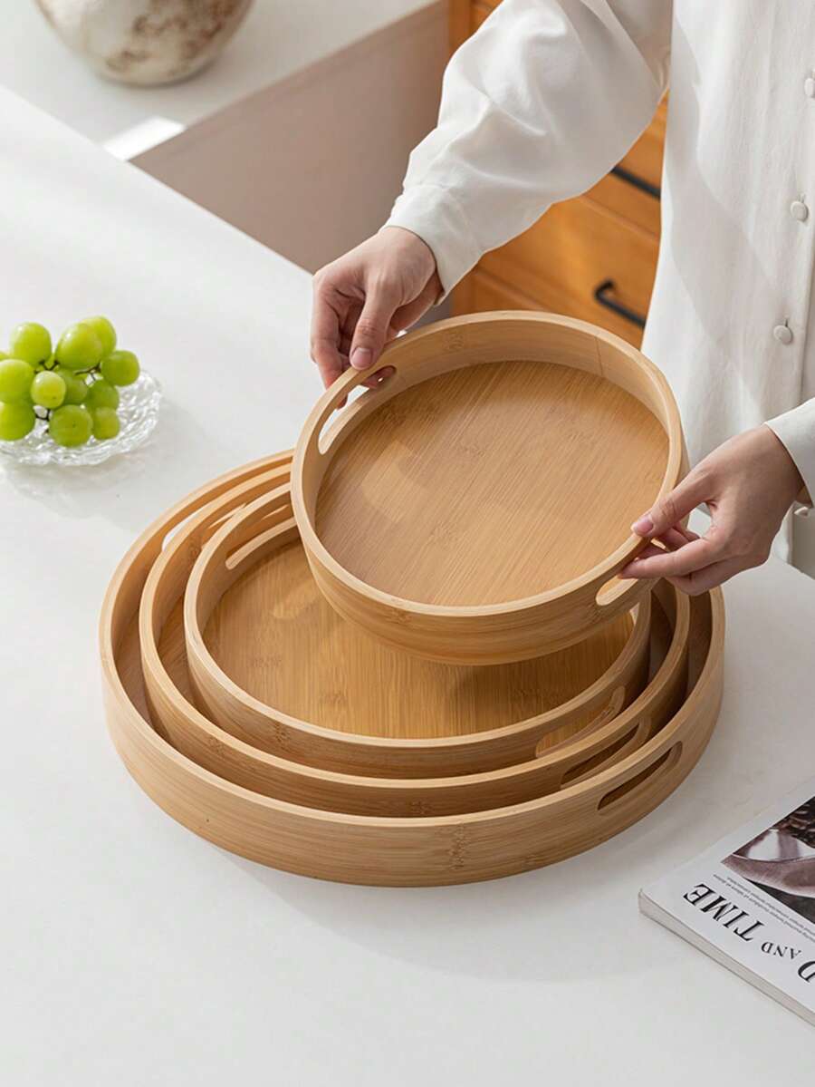 1pc Walnut Round Tray With Handle, Suitable For Snacks, Desserts, Cookies, Appetizers, Multi-Purpose - Apricot - View 1