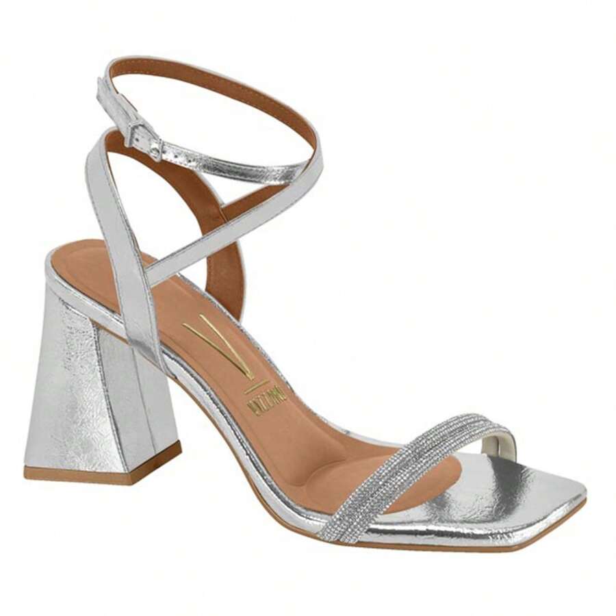 Sandália Vizzano Prata Dourada Strass Cristal Diamond Salto Grosso Macia Feminina Square 6464.445.31059 - Cinza Claro - Visão 1