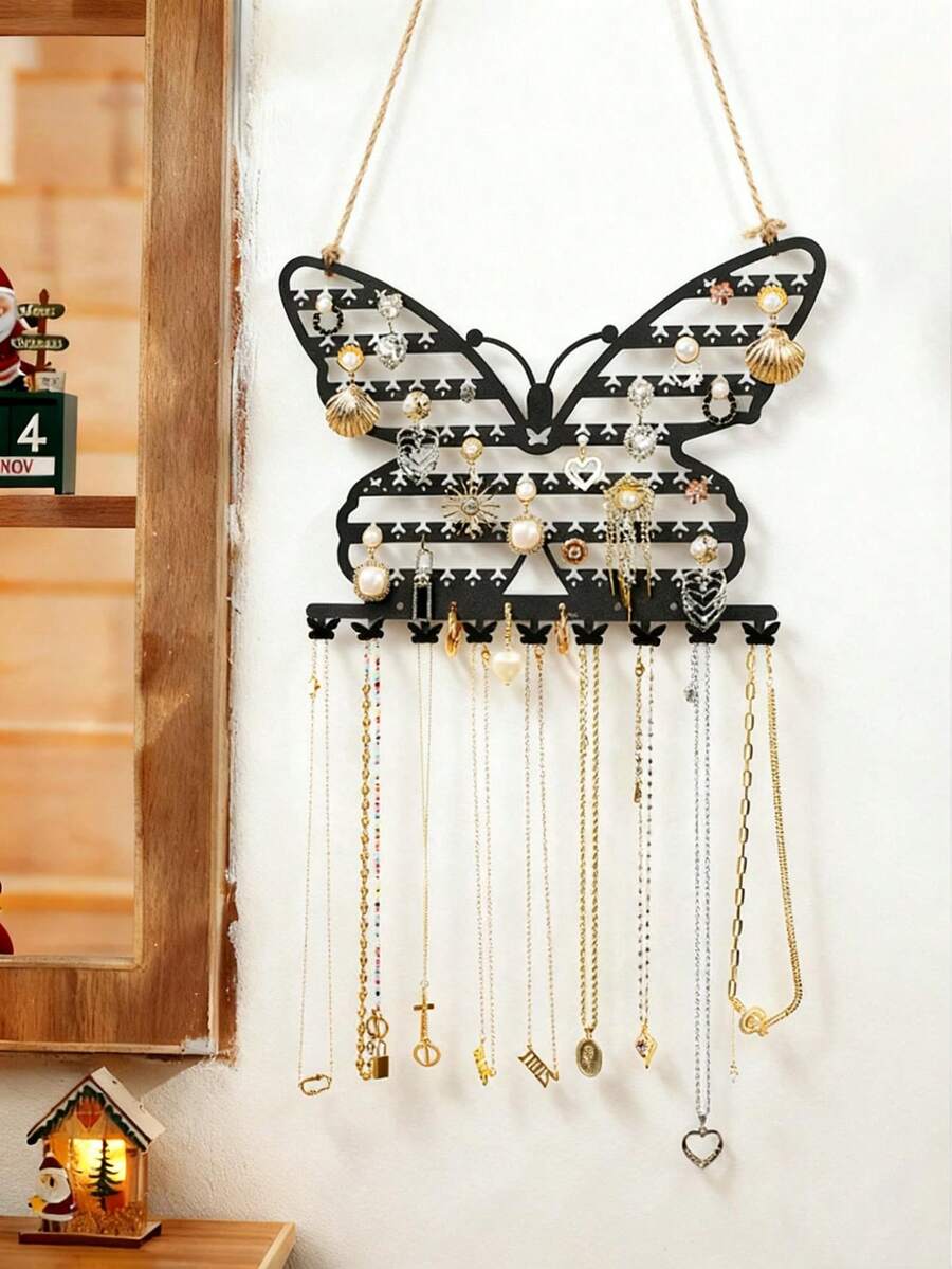 1pc Wall-Mounted Butterfly Shaped Jewelry Organizer, 7-Tier Metal Hollow Jewelry Box, Necklace & Earring Display Rack, Valentine's Day Gift - Multicolor - View 1