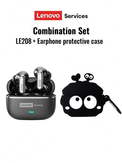 Lenovo 联想 LE208 简约商务蓝牙耳机及保护套套装，蓝牙 6.0 即时连接，低延迟，Hi-Fi 音质，ENC 智能降噪，超长续航，适用于智能手机和电脑的无线耳机，圣诞节、秋冬露营、节日必备配件