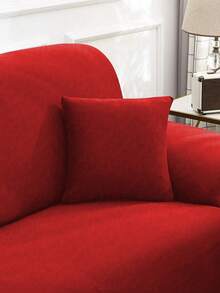 1pc Christmas Solid Color Milk Silk Universal Stretch Full Coverage Sofa Cover + 1pc Matching Pillow Cover Without Filler - Red - View 3