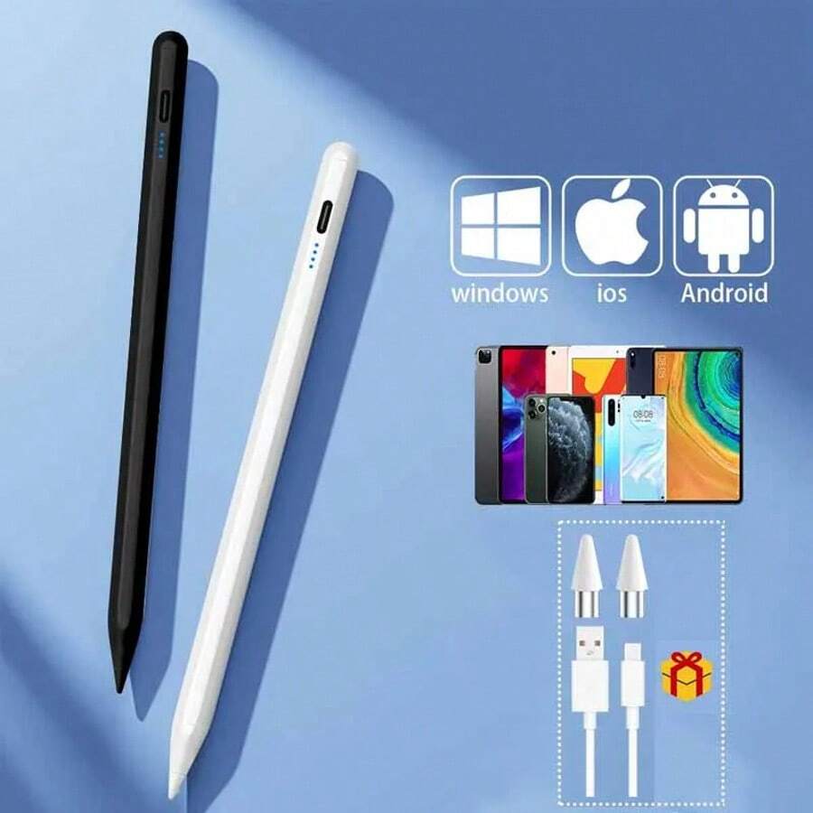 适用于 iPad（2018-2025 系列）的二合一触控笔，顶部触控开关，包含 2 个替换笔尖、1 根 Type-C 充电线、防误触功能、侧边磁吸设计、快速充电、高精度书写，适用于办公、学习、创作、游戏等多种场景。平板电脑的必备配件，放松手指，提升触控灵敏度。电池容量：90mAh