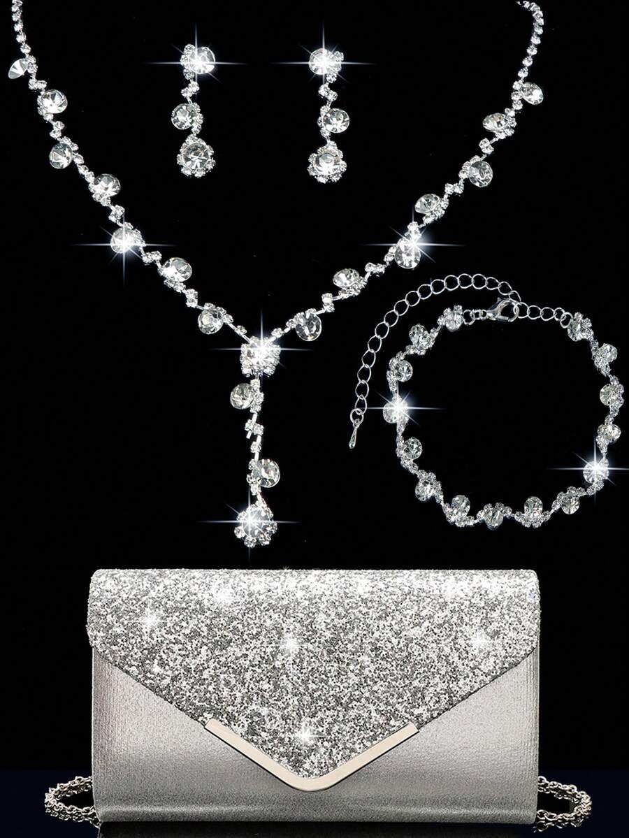 Women's Diamond Jewelry Sparkling Luxury Rhinestone Jewelry Set Sparkling Necklace Earrings Bracelet Set Silver Sparkling Glitter V-Shaped Metal Flip Envelope Bag Fashion Banquet Bag Handbag Wallet Handbag Elegant Handbag Banquet Bag Handbag Women's Ball Handbag Women's Bridal Banquet Bag Ball Handbag Metal Chain Handbag Wedding Party Handbag Cocktail Party Wedding New Wallet Banquet Bag - Silver - View 1
