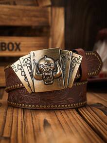 1pc Boho Western Cowboy Style Poker Embossed Metal Buckle Vintage Dark Brown PU Leather Belt Summer, School Casual, Business, Boyfriend Husband Father Dad Men Gift, Daily Wear, Fashion, Teen, Outdoor, Vacation, Athletic, Travel, Street, Boho, Vintage Fall, Autumn, Halloween Autumn-Winter Accessories,Suitable For Teens, Youth,Men,Casual, Outdoor, Athletic, Vacation, Graduation Gifts, Birthday, Daily Wear - As Shown - View 23