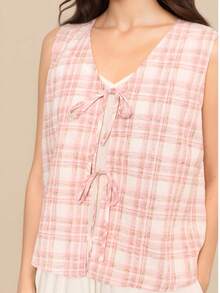 Simple Retro Women's Summer V-Neck Color-Blocking Sleeveless Top - Pink - View 3