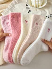 3/6Pairs Of White And Pink Fuzzy Women's Crew Socks, Bow Pattern Warm Socks, Soft And Comfortable, Suitable For Autumn And Winter,Random Colors - 3對 - 查看 3