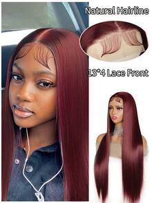 99J 酒红色长直顺滑合成蕾丝前假发，女士款，预先拔毛漂白发际线，适合角色扮演、日常派对，耐热纤维 - 彩色 - 查看 4