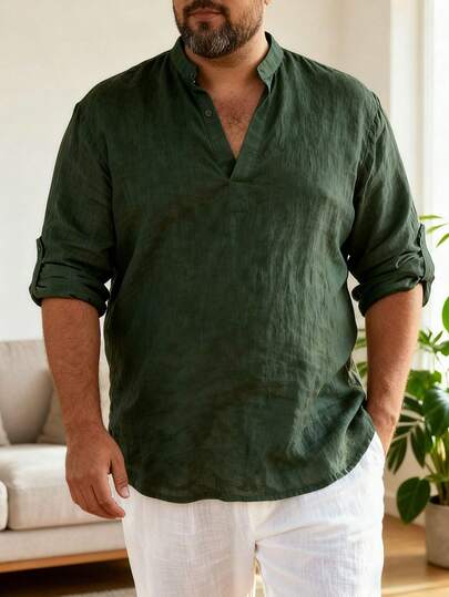 男士加大码复古风格纯色翻袖立领衬衫，采用亚麻质感面料，适合所有季节穿着。