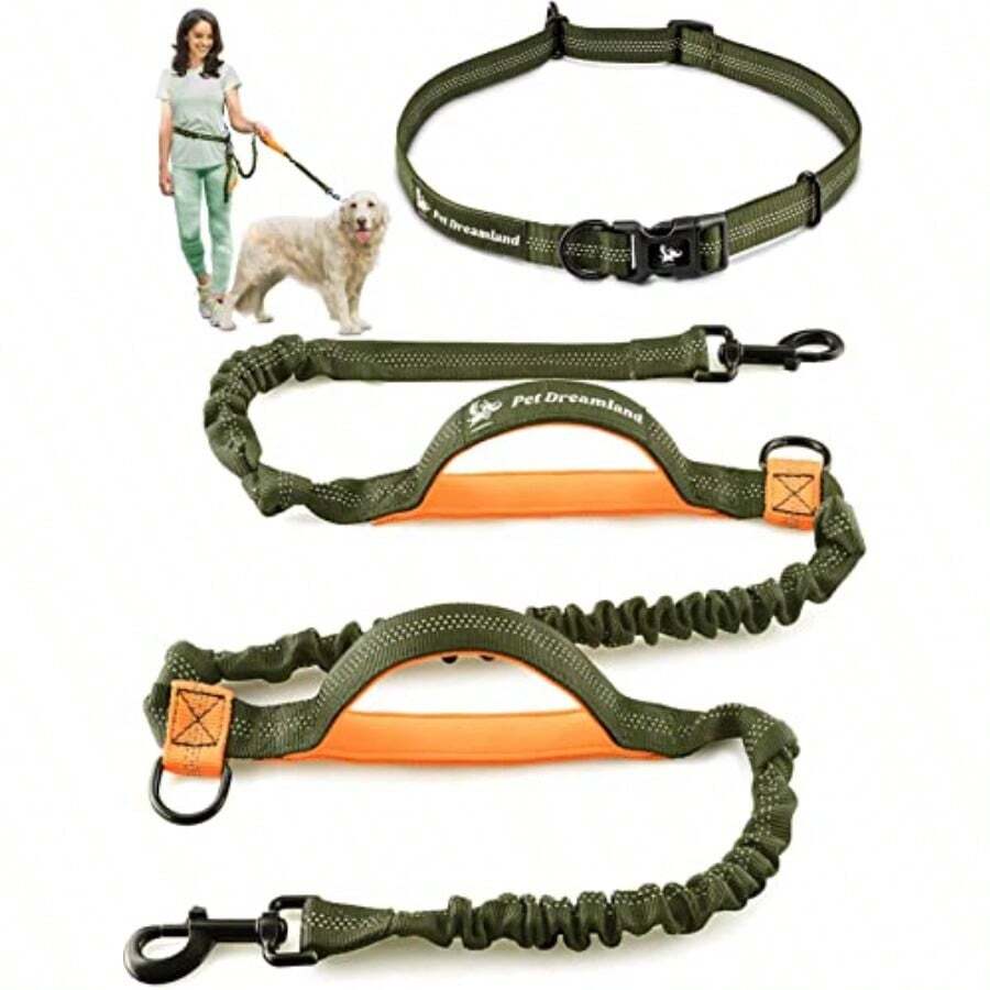 Y1114Hands Free Leash for Walking One/Two Medium to Large Dogs up to 150lbs Shock Absorbing Bungee Dog Leashes Reflective Waist Dog Running Leash Dog Harness for Running (One Dog Khaki Orange) - naranja - Ver 1