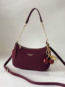 1个极简主义纯色新月形手提包，时尚法棍包，多功能单肩/腋下包，Y2K 风包包，带蝴蝶结装饰吊坠 - 紅木色 - 查看 6