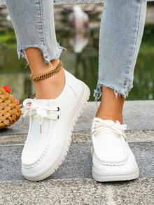 1 paire de nouvelles chaussures de sport casual pour femmes, couleur unie en PU de sport à lacets, convient pour le casual, les vacances, le bureau, toutes les saisons - Blanc - Voir 5