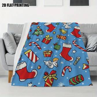1 Piece Ultra Soft Flannel Christmas Blanket With Gingerbread Man, Candy Cane, Stocking And Snowflake Patterns - Blue And White Winter Theme, Red And Green Holiday Colors, Suitable For All Seasons, Comfortable Sofa Blanket, Bed Blanket, Travel Blanket - Christmas, New Year, Birthday Holiday Gift - Lightweight And Warm, Durable And Soft Fabric, Suitable For Home Decoration And Outdoor Use, Modern Style With Bright Holiday Patterns, Throw Blanket, Winter Blanket, Christmas Snowflake Pattern Blanket, Christmas Blanket, Sofa Throw Blanket, Christmas Home Blanket, Autumn Blanket