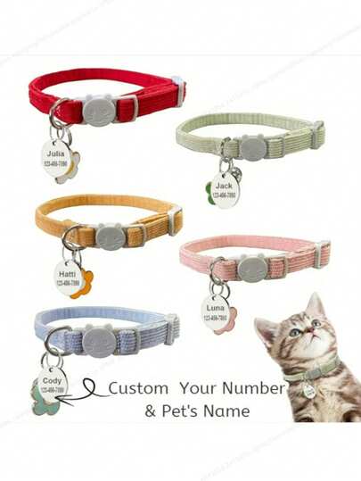 1 Personalized Soft Corduroy Pet Collar, Adjustable Anti-Suffocation Buckle, Cat Stuff With Sounding Bell + Flower Pendant, Small Dog ID Tag With Customizable Cat Name, Phone Number, Address Ornamental