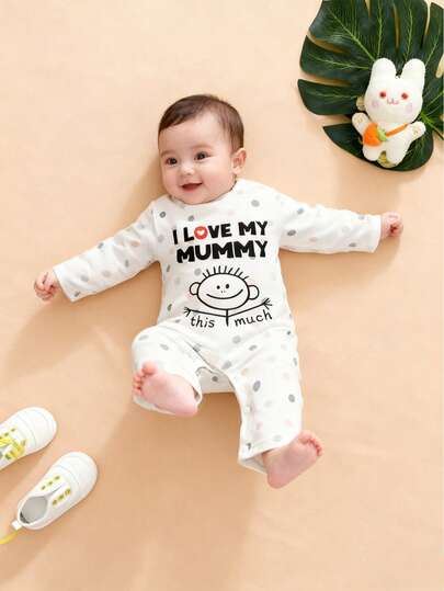 Baby Boy Polka Dot Print Long Sleeve Romper With 'Love Mommy' Text, Autumn