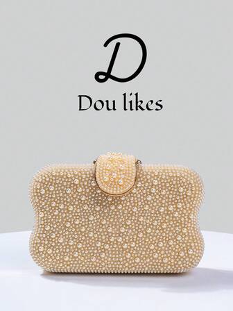 Champagnefärgad pärlkvällsväska, med pärlklaffdesign, elegant förlovningsväska till cheongsamklänning, med metallkedja, lämplig för fest, bröllop, bal, bankett, perfekt matchning för kvinnors examensklänning, examensaccessoarer, paljettklänning, glansig klänning, elegant damklänning.