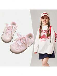 1 Pair Children's Solid Color Lace Wave Flat Bottom Sneakers, Comfortable & Durable, Suitable For School, Commuting, Outdoor Play, All Seasons - Pink - View 6