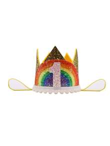 Sombrero de fiesta de cumpleaños con corona dorada con brillo arcoíris y dibujos animados, números adhesivos hechos a mano 1 2 3 4 5 6 7 8 9 corona arcoíris, sombrero de corona para fiesta de eventos festivos, sombrero de fiesta de cumpleaños - Dorado - Ver 3