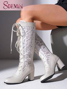 SDEMIN Women's White Floral Lace Knee-High Boots - Vintage Elegant Block Heel Style With Rear Zipper For Easy On/Off & Front Lace-Up For Calf Adjustment, Faux Leather & Delicate Lace Design For Spring/Summer Weddings, Parties & Dates - White - View 2