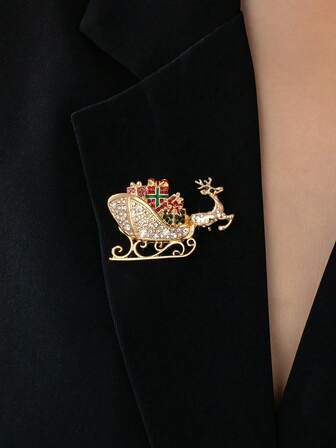 1pc Christmas Elegant Luxury Rhinestone Deer Sleigh Brooch, Suitable For Women As Christmas Gift Or Daily Wear