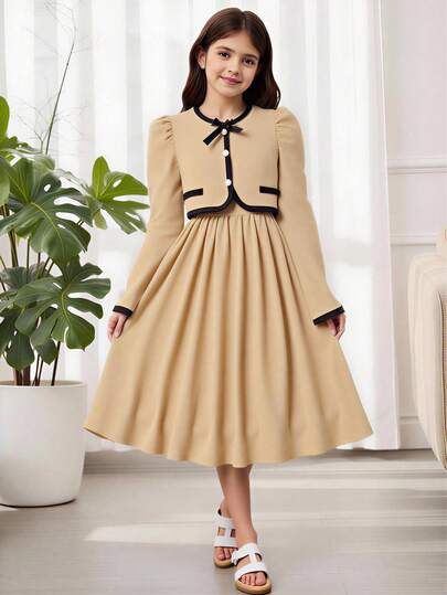 2pcs/Set Tween GirlsLong Sleeve Bow Decor Top Jacket + Suspender Waist Midi Dress Outfit