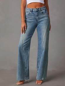 Women Wide Leg Baggy Jeans Mid-High Waisted Straight Stretchy Denim Pants Seamed Long Trousers Spring And Summer Clothes - Màu xanh lam - Xem 3