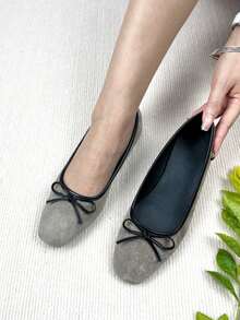 Scarpe da donna con punta quadrata, in materiale velluto con bordo a contrasto di colore, decorazione con fiocco, scarpe slip-on piatte adatte per tutte le stagioni, stile elegante francese semplice, moda retrò, ballerine leggere - albicocca - Visualizzare 1