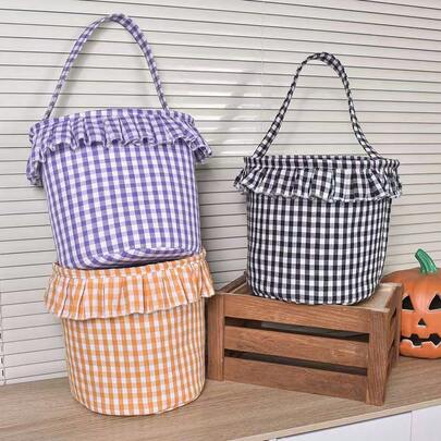 Halloween Plaid Bucket Baskets With Tassels, Round Checkered Fabric Handbags For Party Decorations, No Electricity Or Feathers Required