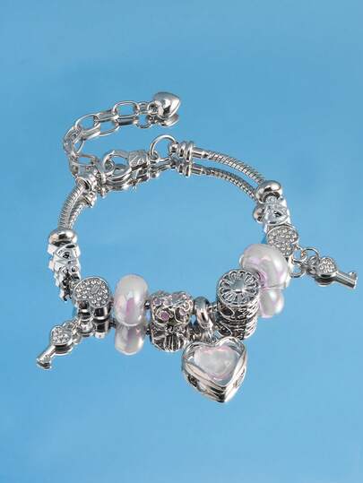 1pc Fashionable, Elegant & Cute Love-Themed Women's Bracelet With Heart Pendant, Flower Beads, Heart Lock & Key Pendant, Love Beads, Purple Beads, Suitable For Daily Wear, Dates, Parties, Women's Birthday, Music Festival Gifts, Daily Commute Jewelry Accessory