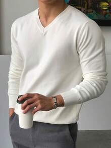 ALTZTAR Men's Solid Color V-Neck Casual Long Sleeve Pullover Sweater - White - View 3