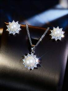 SEQUITO 3 Pcs Charming Women Engagement Silvery Jewelry Set Micro Pave Shiny AAA Cubic Zirconia With Faux Pearl Stud Earrings Pendant Necklace