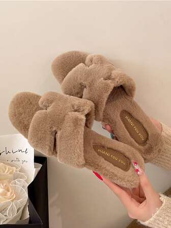 女士驼色平底露趾毛绒拖鞋，新款秋冬毛绒低跟套脚拖鞋，柔软舒适沙滩/家居拖鞋，轻便舒适保暖毛绒拖鞋，露趾露跟拖鞋