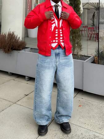 HEHCN 男士复古水洗扎染浅蓝色牛仔裤，宽松直筒阔腿牛仔裤，Y2K 风格美式街头休闲百搭，适合送给男朋友、丈夫