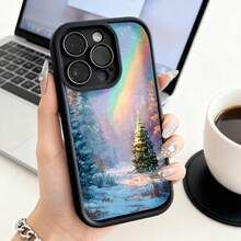 Cubierta de telefono con borde negro diseño navideño arco iris y pino nevado para uso diario y festivo - Burdeos - Ver 3