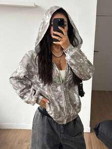 女士休闲拉链卫衣，数码迷彩印花，宽松版型，长袖，舒适百搭，适合户外/街头穿着，秋冬春季皆宜 - 彩色 - 查看 1