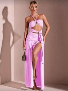 New Women's Long Dress With A Leg Slit, Built-In Bra, Tie At The Neck, Double Neckline In The Front, Smooth Suplex Fabric, On , Basic, Chic, Elegant, Everyday, Fashion, Parties, 2025, Sophisticated, . - 淺粉色 - 查看 1