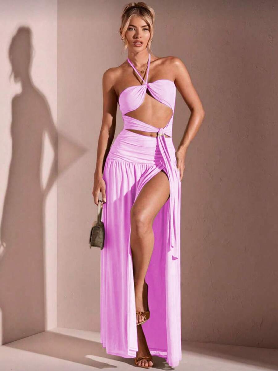 New Women's Long Dress With A Leg Slit, Built-In Bra, Tie At The Neck, Double Neckline In The Front, Smooth Suplex Fabric, On , Basic, Chic, Elegant, Everyday, Fashion, Parties, 2025, Sophisticated, . - 淺粉色 - 查看 1