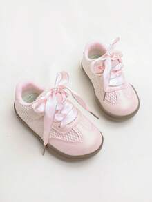 1 Pair Children's Solid Color Lace Wave Flat Bottom Sneakers, Comfortable & Durable, Suitable For School, Commuting, Outdoor Play, All Seasons - Pink - View 4