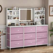 Vanity Desk With 9 Fabric Drawers & Lighted Mirror, Makeup Vanity Table With 8 Storage Shelves, Dressing Table For Bedroom, 3 Lighting Modes Lighted Mirror - Hồng - Xem 11
