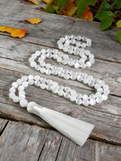 8mm Selenitmala Gebetshalskette für Frauen und Männer, Japamala 108 Perlen geknotete lange Quaste Halskette, bohemian-stil Meditation spiritueller Schmuck