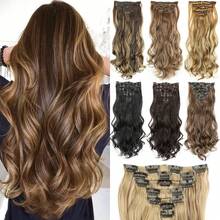 合成 7 件/套 16 夹接发棕色混合金色长波浪假发耐热纤维适合女性日常聚会节日使用