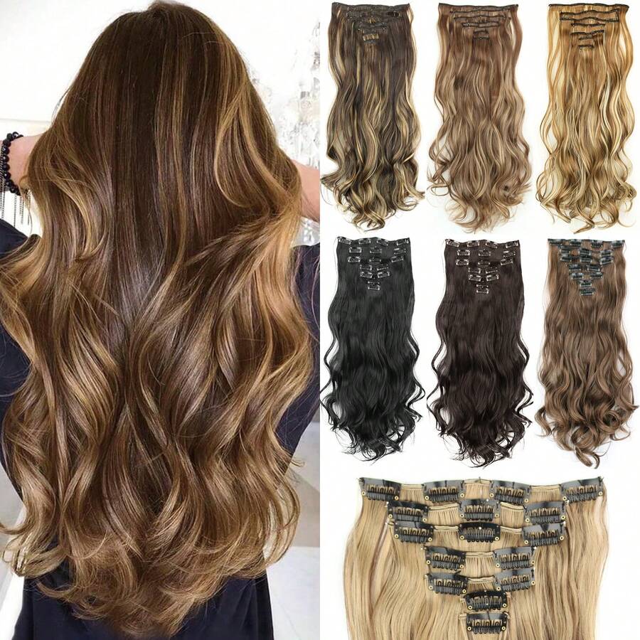 合成 7 件/套 16 夹接发棕色混合金色长波浪假发耐热纤维适合女性日常聚会节日使用