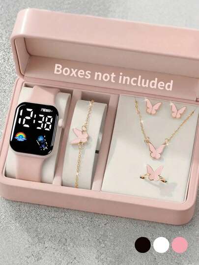 6/1pc Cute And Stylish LEDastronautdigital Display Electronic Watch, Suitable For Girls To Wear, Equipped With Butterfly Jewelry Bracelet, Pendant Necklace, Ring And A Pair Of Earrings, Suitable For Students, Very Suitable For Daily Life Such As School, Parties And Travel. Birthday Gifts, Graduation Season, Valentine's Day, Christmas, Perfect Gifts For Girls