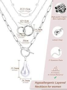 3Pcs Layered 14K Gold Plated Necklaces For Women Dainty Necklace Stack Silver Plated Non Tarnish Free Pendant Chunky Chain Pearl Paperclip Cross Heart Necklace Set For Women - 鍍銀項鍊+珍珠 - 查看 3