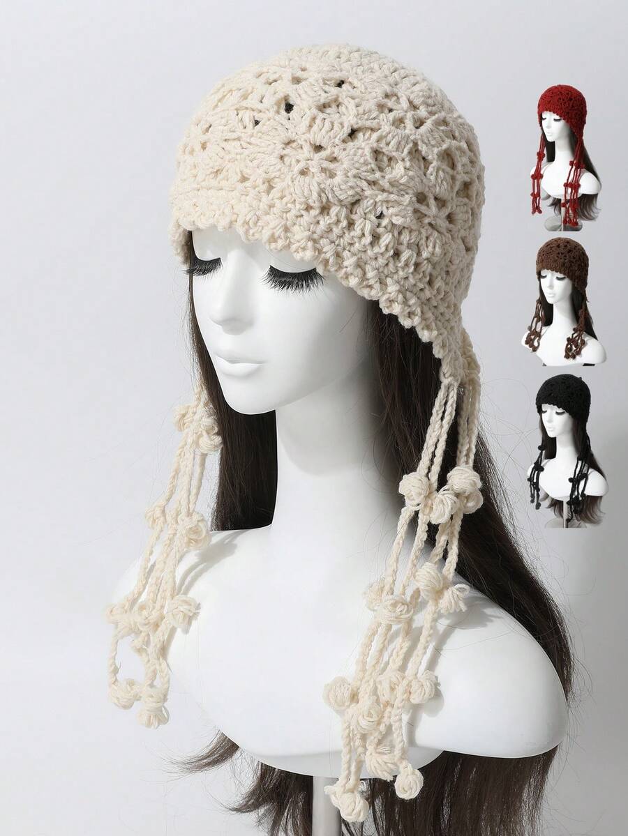 1pc Women's Handmade Woven Jacquard Tassel Knitted Hat, Vintage Exotic Hollow Crochet Beanie, Suitable For Spring, Summer, Autumn And Winter, Fashion & Versatile