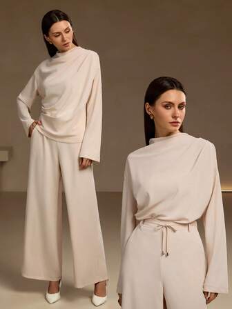 New Women's Elegant And Simple Loose Slightly Swing Collar Pleated Design Long-Sleeved Top Casual Woven Straight Pants Drawstring Two Pieces Suit, Suitable For Casual Daily, Shopping, And Work