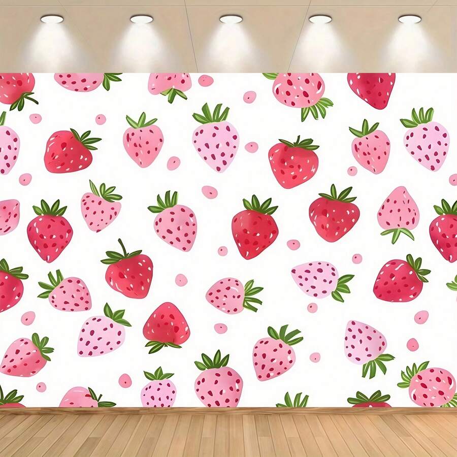 1 款超大草莓背景横幅 - 鲜艳的粉色草莓搭配绿色叶子,适用于生日、周年纪念日和各种庆祝活动,可用作礼物、摄影背景、派对装饰 - 适合室内外使用,活动背景 | 节日设计 | 草莓装饰…… - 彩色 - 查看 1