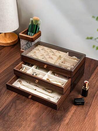 1 pieza Caja de joyería de lujo de 3 capas de gran capacidad, con herrajes en tono dorado - Elegante textura de grano de madera marrón oscuro, organizador apilable de varios cajones, cajones forrados de tela suave y bandeja superior de exhibición, adecuado para collares, aretes, pulseras, anillos - Diseño moderno vintage, para el hogar, caja de joyería, caja de exhibición de joyería, caja de joyería grande, empaque de caja de joyería, caja de almacenamiento de joyería, bolsa de joyería