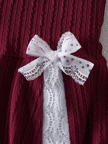 Girls' High-End Colorblock Long Sleeve Knit Cardigan With Ruffle Lace Trim & Bow Decor Maxi Skirt 2-Piece Set - Burgundy - View 8